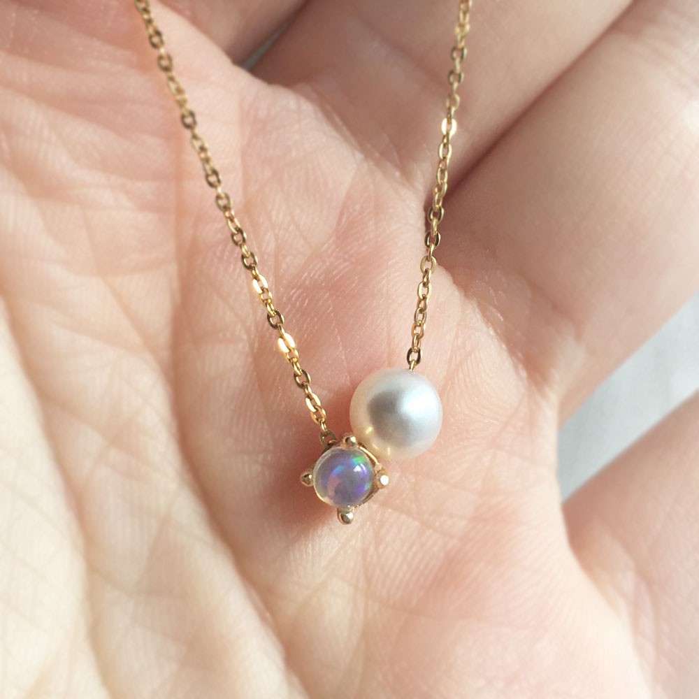 【K14GF】10月の誕生石〜エチオピア産オパールとあこやスルーネックレス