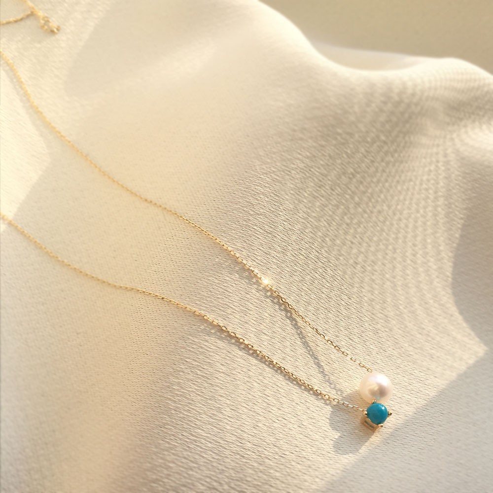 【K14GF】ターコイズとあこやのスルーネックレス 12月の誕生石