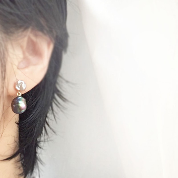 [K14GF]大小不一的雙黑色keshipearl耳環 第4張的照片