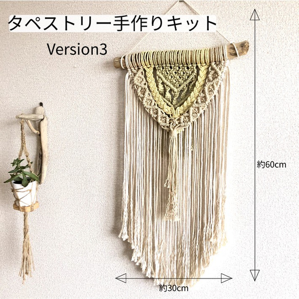 カラーが選べる！ マクラメ編み タペストリーNo3 手作りキット コットン紐 流木付き 1枚目の画像