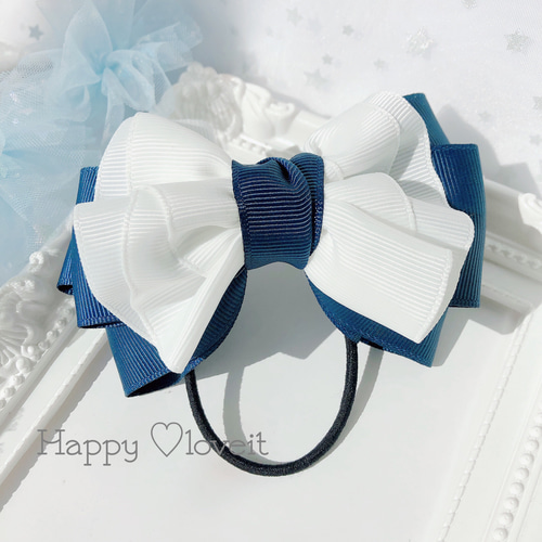ネイビーXホワイトフリルリボンヘアゴム♡フォーマルにも〜卒業式  