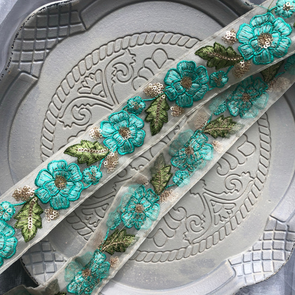 【1ヤード】4cm幅 インド 刺繍リボン トリム チロリアンテープ  ハンドメイド素材 花柄 オーガンジー グリーン 6枚目の画像