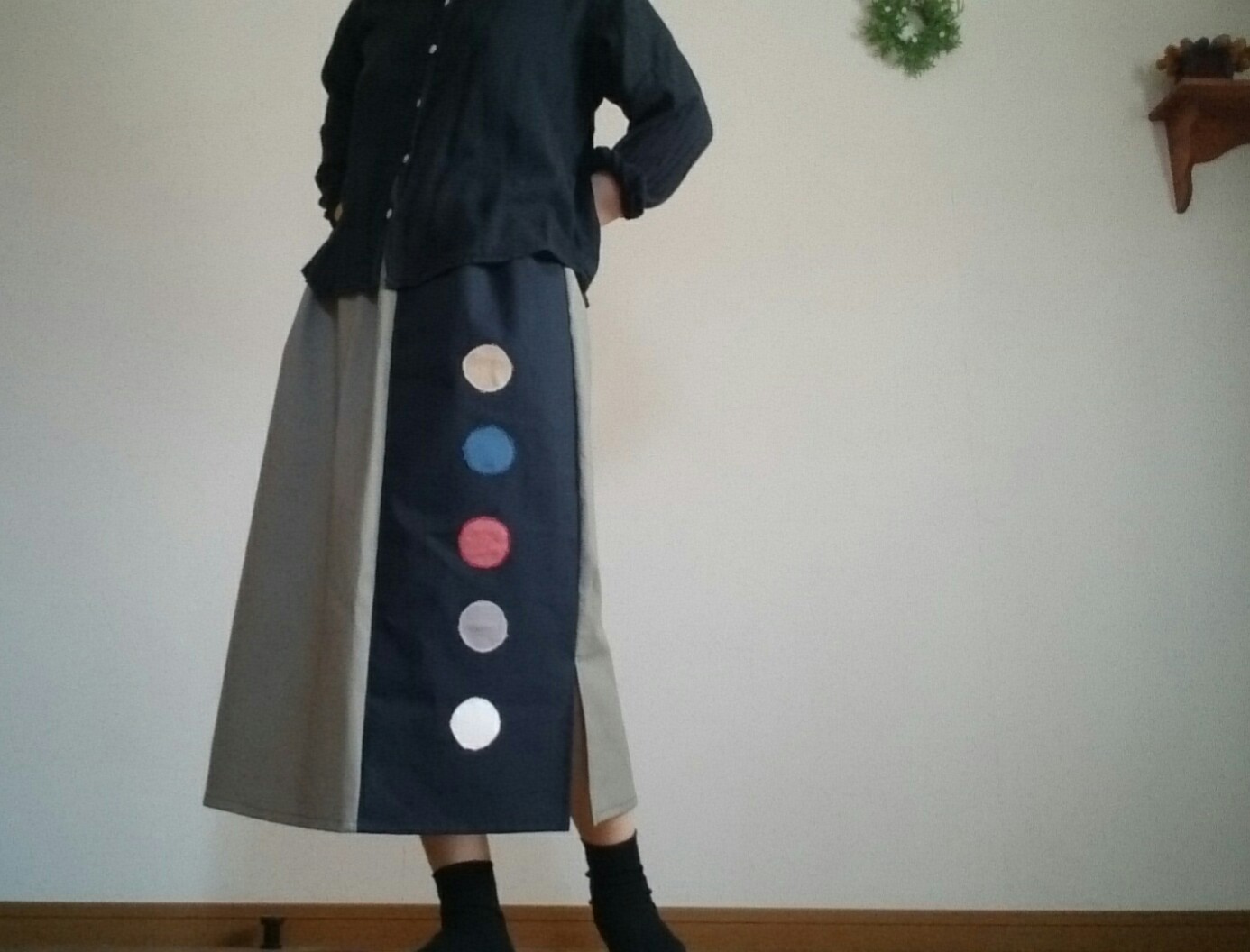 ロングスカート渋みカーキレトロあめ玉パッチワークウエストゴム