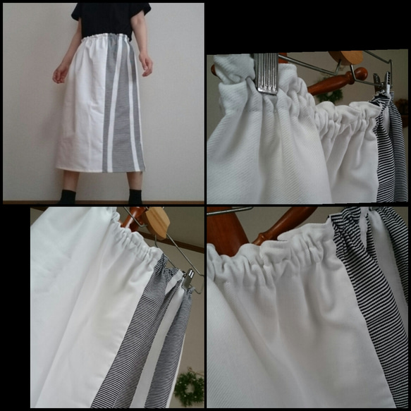 白デニムスカート縫い合わせ生地で個性的ウエストゴム 6枚目の画像