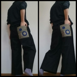 ワイドパンツ大きなポケットに面白い柄の炭黒デニムウエストゴム 3枚目の画像