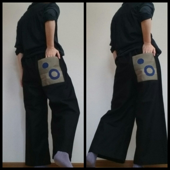ワイドパンツ大きなポケットに面白い柄の炭黒デニムウエストゴム 3枚目の画像