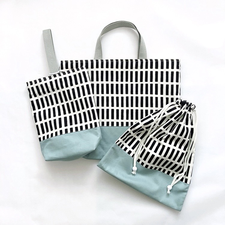 入園入学3点セット　格子モノクロ×くすみブルー［受注製作］