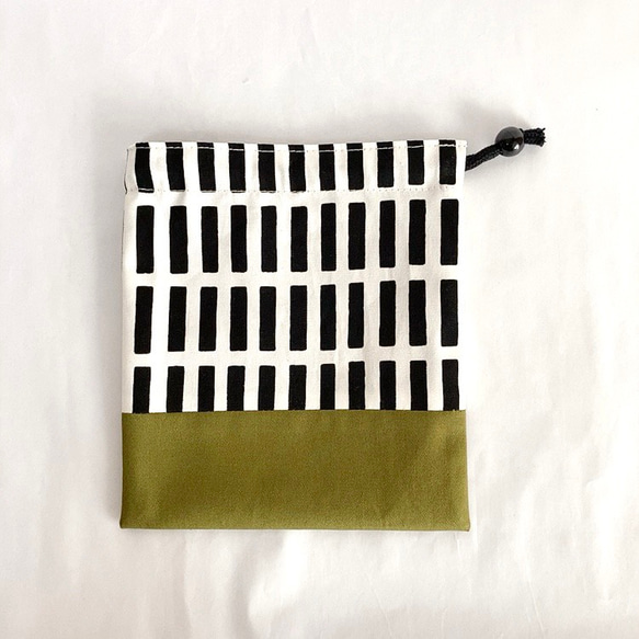 サイズが選べる巾着袋(小)　格子カーキ［受注製作］ 3枚目の画像