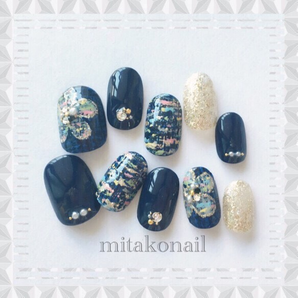 desing】No.1 ツイード×ネイビーネイル ネイルチップ（つけ爪