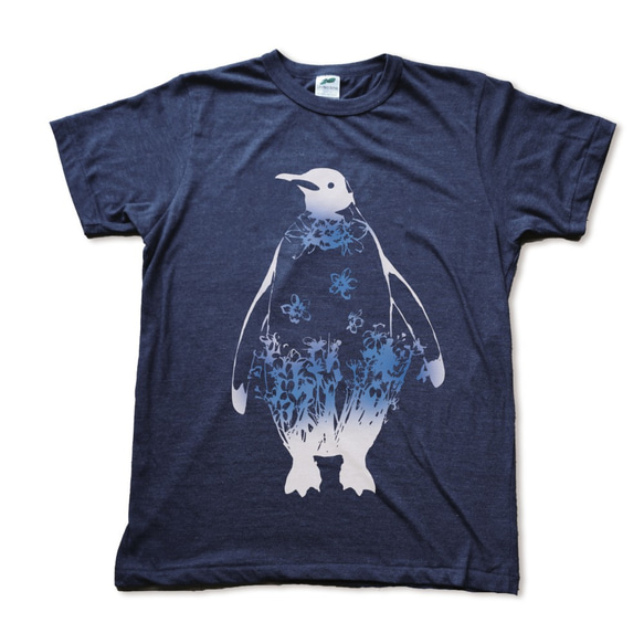 デルフィニウムペンギンの手刷りやわらか紺Tシャツ 1枚目の画像