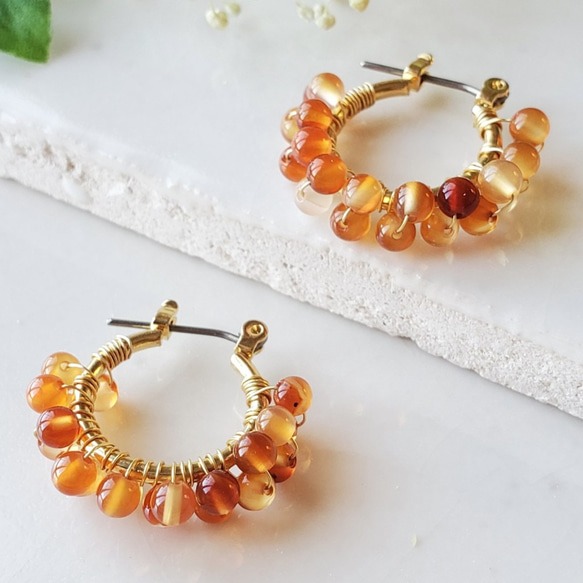 ✧天然石 カーネリアン（ミックス） 2連フープピアス