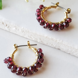 ✧天然石ガーネット（ワインレッド）2連フープピアス/イヤリング  