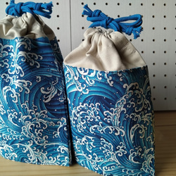 【巾着Ｓ】20×16　コップ袋【波】青×アイボリー 2枚目の画像