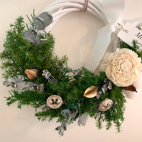 クリスマスリースホワイト 2wayお正月飾りにも☆プリザ、ドライ使用  