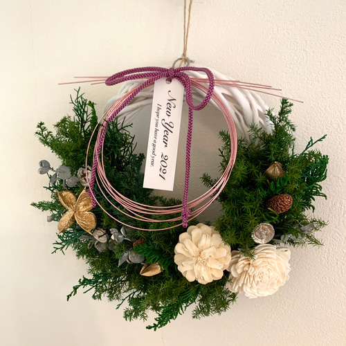 クリスマスリースホワイト 2wayお正月飾りにも☆プリザ、ドライ使用