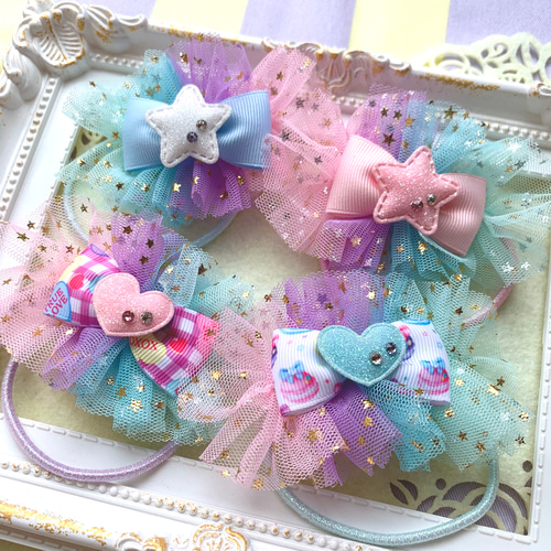 【専用】ハンドメイド☆うさぎのオーガンジーLoveリボンヘアゴム(薄ピンク) うさぎ♡ ゆめかわ チュールリボン ツイン ハンドメイド リボン