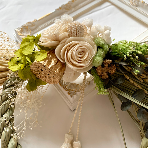 ナチュラルな国産しめ縄『いわみ稲わらリース』✽プリザ、ドライ使用