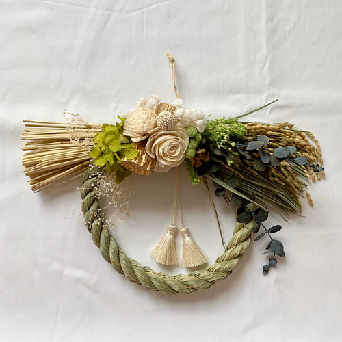 ナチュラルな国産しめ縄『いわみ稲わらリース』✽プリザ、ドライ