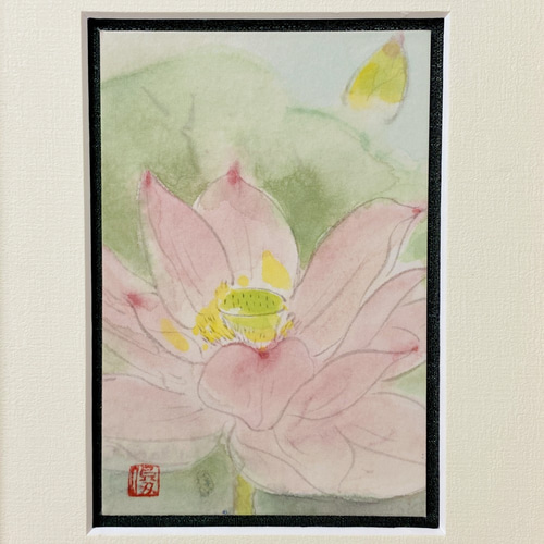 墨彩画 「蓮花」 作品サイズ10×15㎝ 原画 一点物 アトリエ呂歩額装 