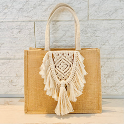 マクラメ　フリンジ　ジュートバッグ 1枚目の画像