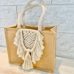 マクラメ　フリンジ　ジュートバッグ 2枚目の画像