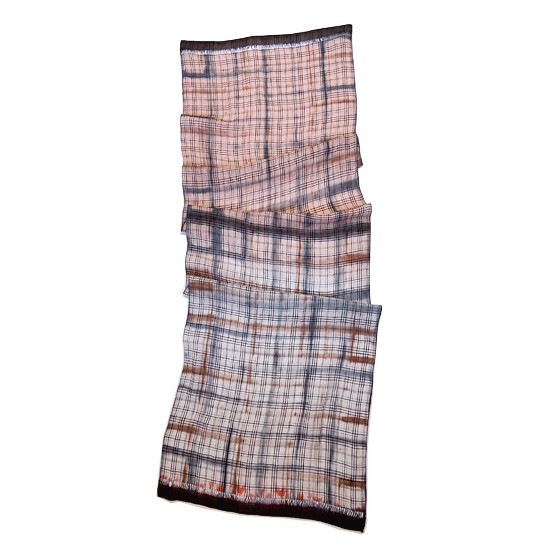 秋色で染めたチェックのリネンストール～板締め染色とオリジナルの大判サイズストール