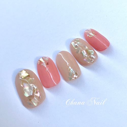 送料無料》ピンクベージュ シェルネイル No.114【両面テープ付