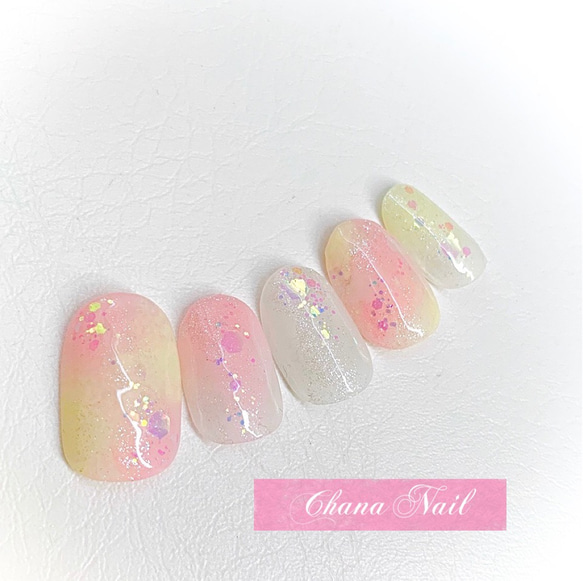 きら様ご確認用☆オーダーネイルチップ 送料無料》オーロラネイル ピンク イエロー No.115【両面テープ付