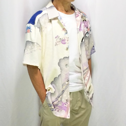 正絹　メンズアロハシャツ　オープンカラーシャツ　着物リメイク 4枚目の画像