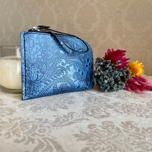 L字ファスナー コンパクト ミニ財布 ✧ ペイズリー型押し ✧ パール