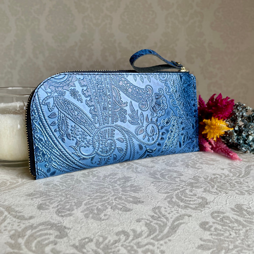 L字ファスナー 長財布 スリム 軽量 ✧ ペイズリー型押し ✧ パール  