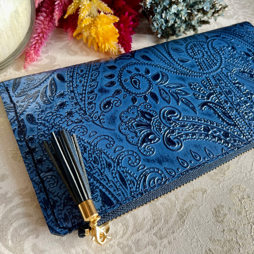 L字ファスナー 長財布 スリム 軽量 ✧ ペイズリー型押し ✧ パール  