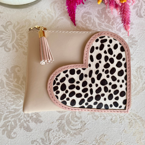 ミニ財布 コンパクト L字ファスナー ハート ポケット ♡ 毛付き革