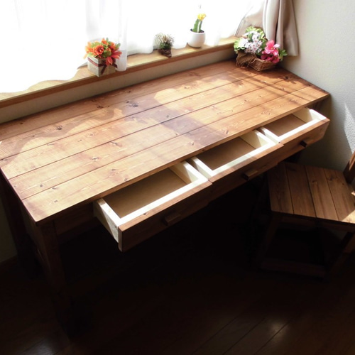 無垢デスク*ミシン台＊引き出し3杯＊組み立て式【w1300】 机・デスク