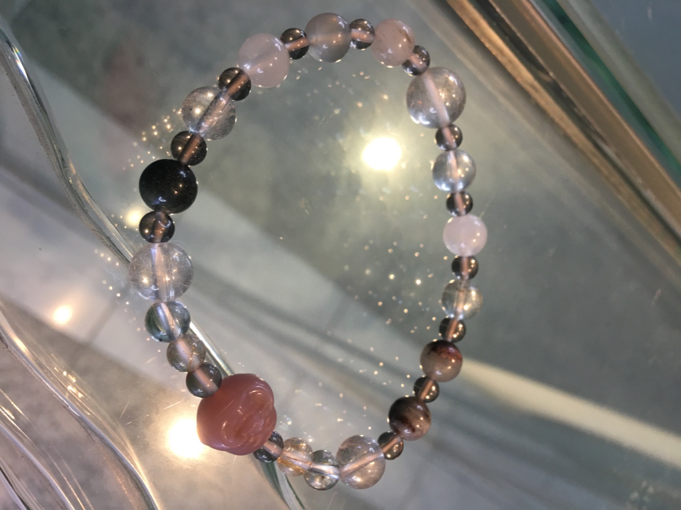 天然石瑪瑙　布袋様　お守りブレスレット　アフリカ瑪瑙　ガーデンファントムブレスレット　ルチルクォーツ　№15