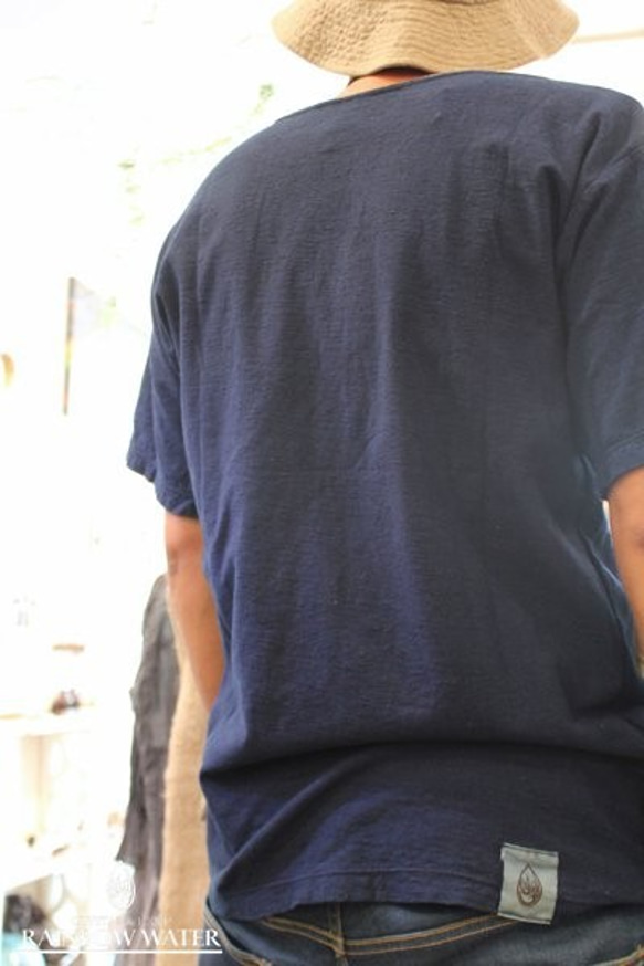 メンズ ノーマルネック 半袖 Mサイズ【 ヘンプ コットン 】/  藍染め インディゴ 3枚目の画像