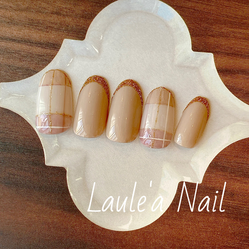 NO25 ネイルチップ/チェック柄/ピンクベージュ/ベージュ/ゴールド  