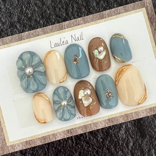 NO40 淡いブルーのぷっくりフラワーネイル/秋ネイル/韓国ネイル/結婚式