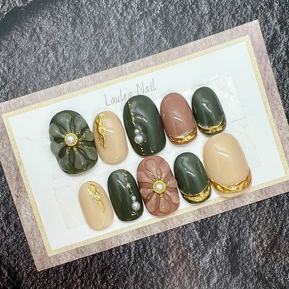 NO42 カーキとブラウンのぷっくりフラワーネイル/韓国ネイル/成人式  