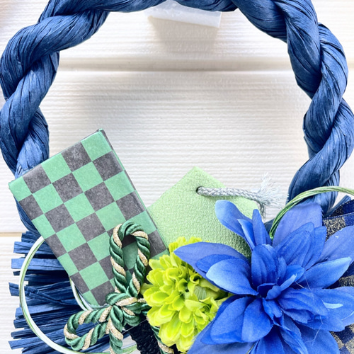 新作お正月飾り 市松模様【2022しめ縄飾り 和モダン 鬼 ネイビー