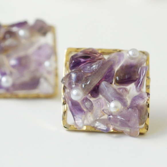 紫水晶天然石和珍珠耳環/耳環 第1張的照片