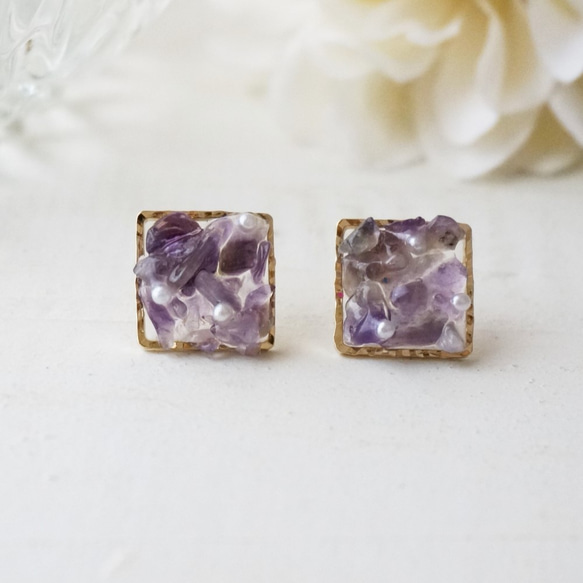 紫水晶天然石和珍珠耳環/耳環 第6張的照片