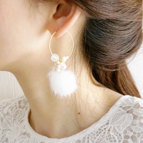 ミンクファーパールピアス 2wayミンクファー♡クリアパールフープピアス ピアス（フープ