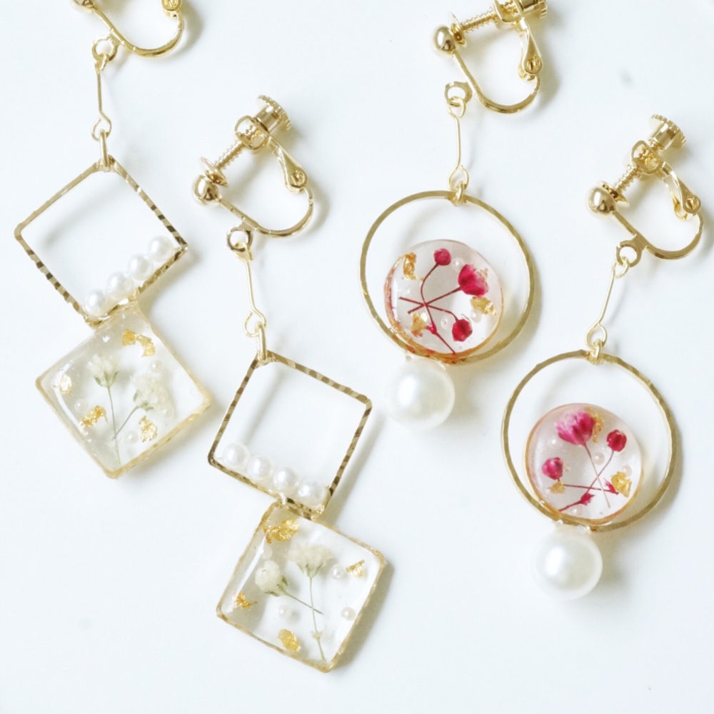 【2点set♡】かすみ草&金箔パールイヤリング/ピアスset