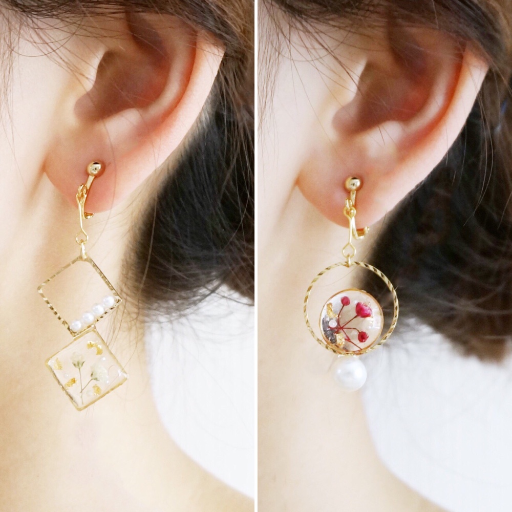 【2点set♡】かすみ草&金箔パールイヤリング/ピアスset