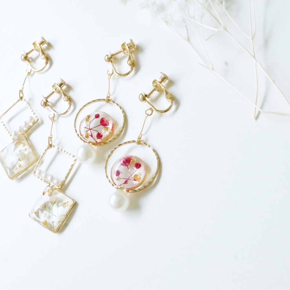 【2点set♡】かすみ草&金箔パールイヤリング/ピアスset