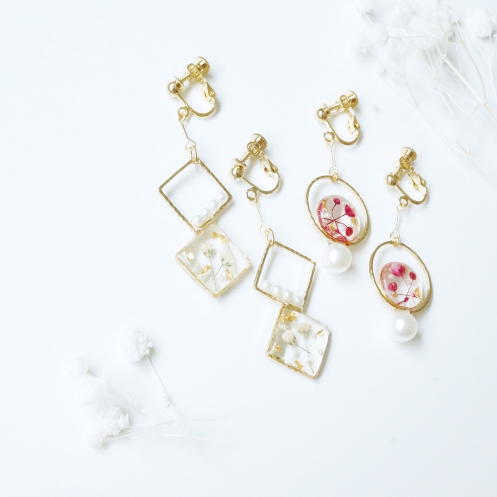 【2点set♡】かすみ草&金箔パールイヤリング/ピアスset