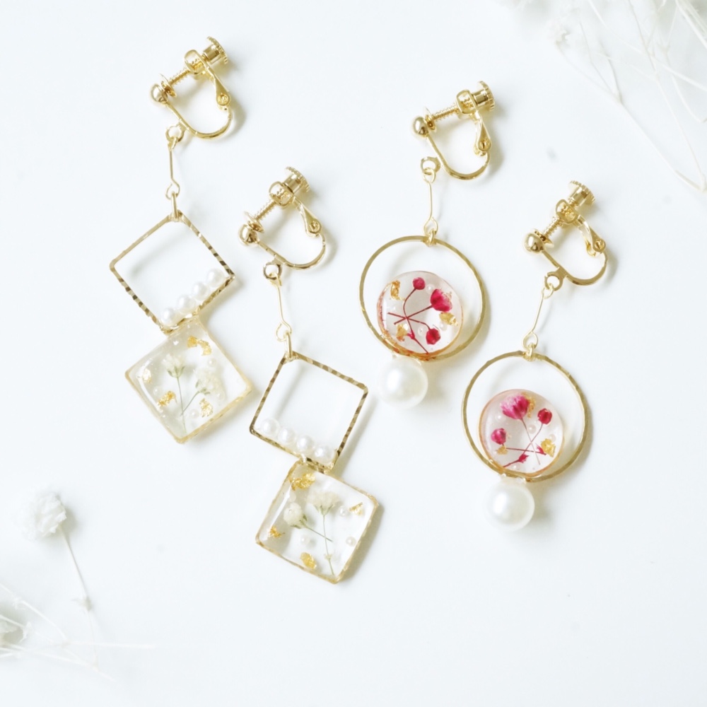 【2点set♡】かすみ草&金箔パールイヤリング/ピアスset