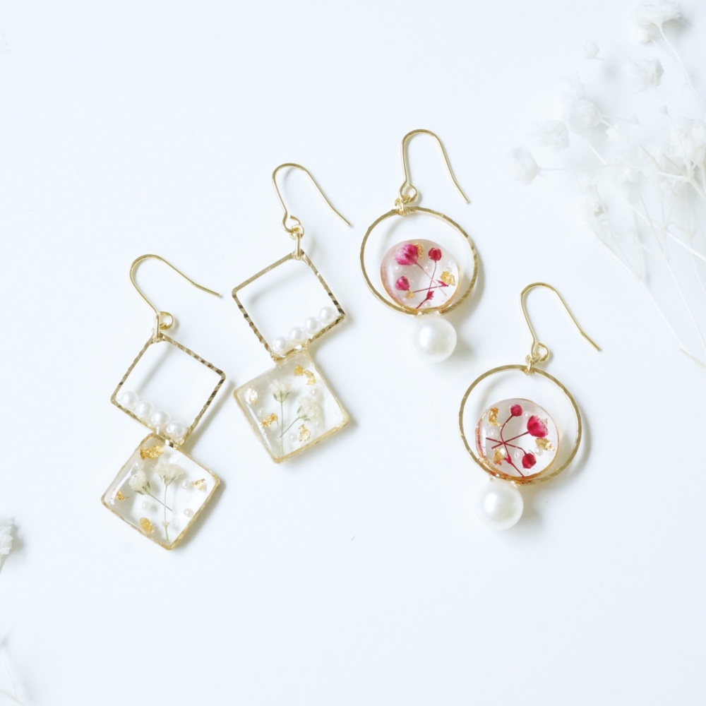 【2点set♡】かすみ草&金箔パールイヤリング/ピアスset
