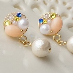 ♡棉珍珠與施華洛世奇水鑽耳釘/耳夾(米色) 第1張的照片